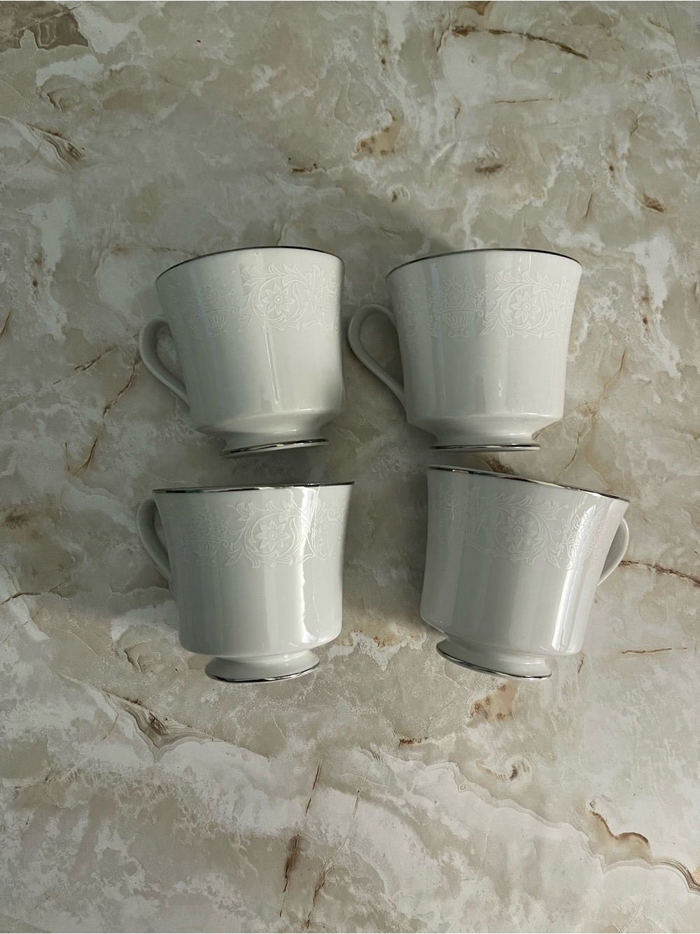 4 Classic White Porcelain Teacup Set with Silver Trim - Picture 1 of 2